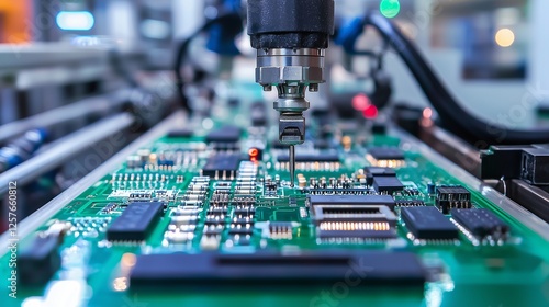 Automated machine installing components on a circuit board, ensuring precision and quality control in semiconductor manufacturing.