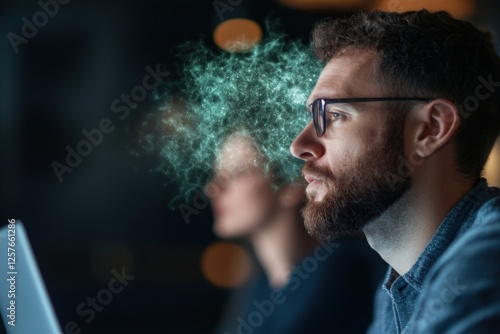 man with digital overlay thinking hard