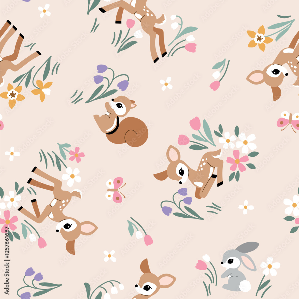 Fototapeta premium Seamless vector pattern with cute vintage fawn, rabbit and squirrel on floral background. Hand drawn woodland illustration. Perfect for textile, wallpaper or print design. EPS10 vector file.