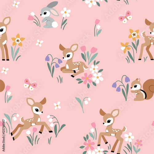 Seamless vector pattern with cute vintage fawn, rabbit and squirrel on floral background. Hand drawn woodland illustration. Perfect for textile, wallpaper or print design. EPS10 vector file.