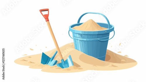 Minimalist vector illustration of a blue sand bucket and a shovel, set on a sandy beach, perfect for summer themes and children’s playtime activities.