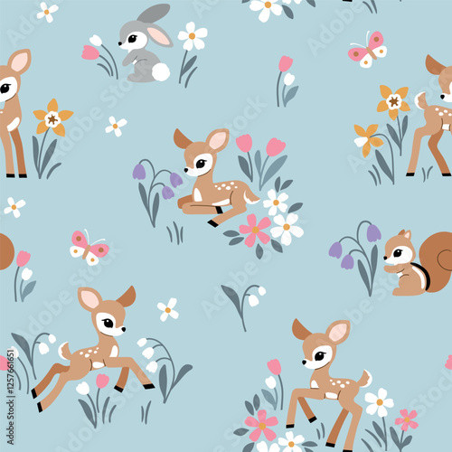 Seamless vector pattern with cute vintage fawn, rabbit and squirrel on floral background. Hand drawn woodland illustration. Perfect for textile, wallpaper or print design. EPS10 vector file.