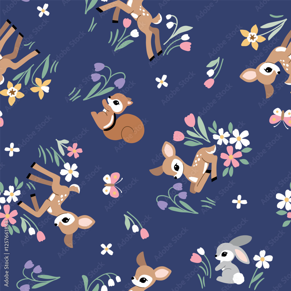 Fototapeta premium Seamless vector pattern with cute vintage fawn, rabbit and squirrel on floral background. Hand drawn woodland illustration. Perfect for textile, wallpaper or print design. EPS10 vector file.