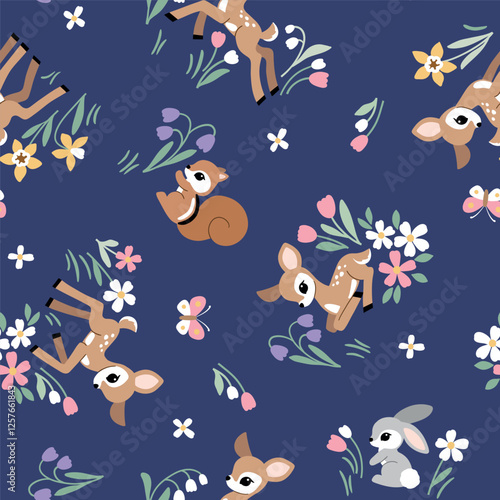 Seamless vector pattern with cute vintage fawn, rabbit and squirrel on floral background. Hand drawn woodland illustration. Perfect for textile, wallpaper or print design. EPS10 vector file.