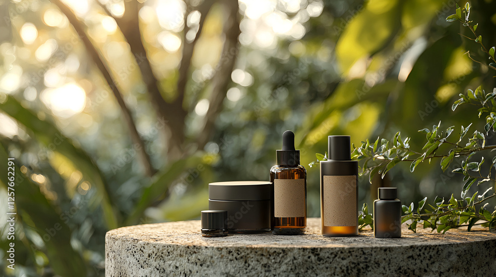 Fototapeta premium Nature-inspired skincare: A collection of dark bottles and jars on a stone surface with a leafy backdrop.