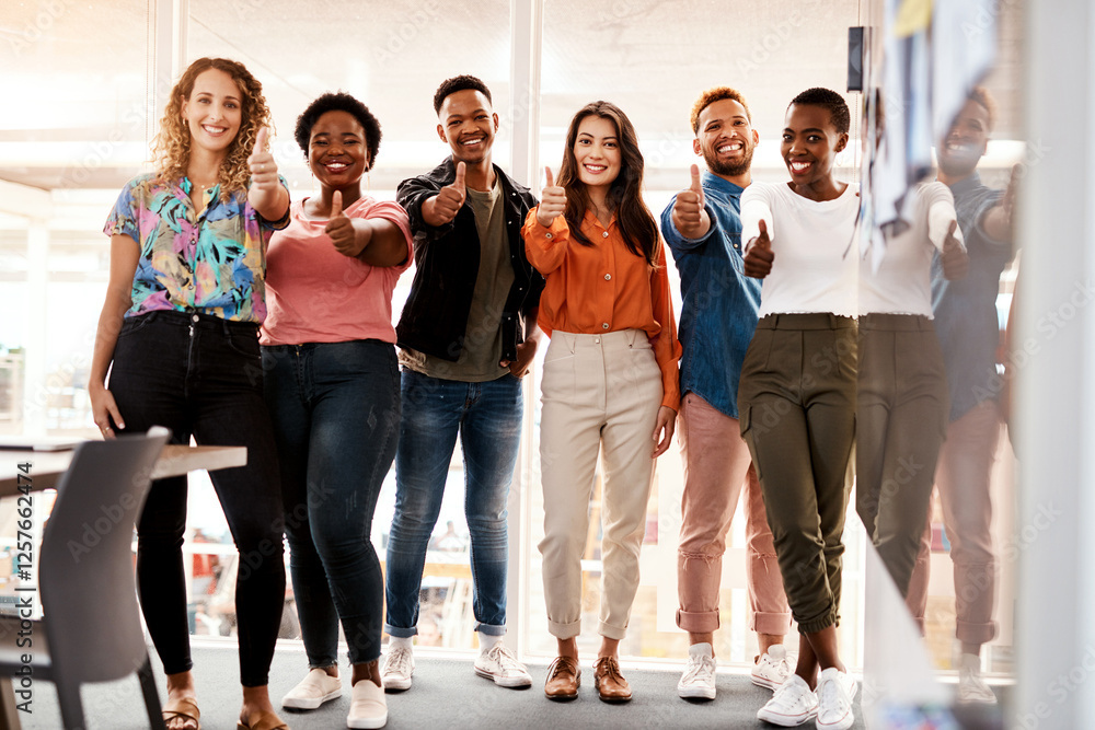 Fototapeta premium Startup, developers or portrait of people with thumbs up, proposal or diversity for good job or well done. Group, team or happy app designers in business meeting with smile, like gesture or yes sign
