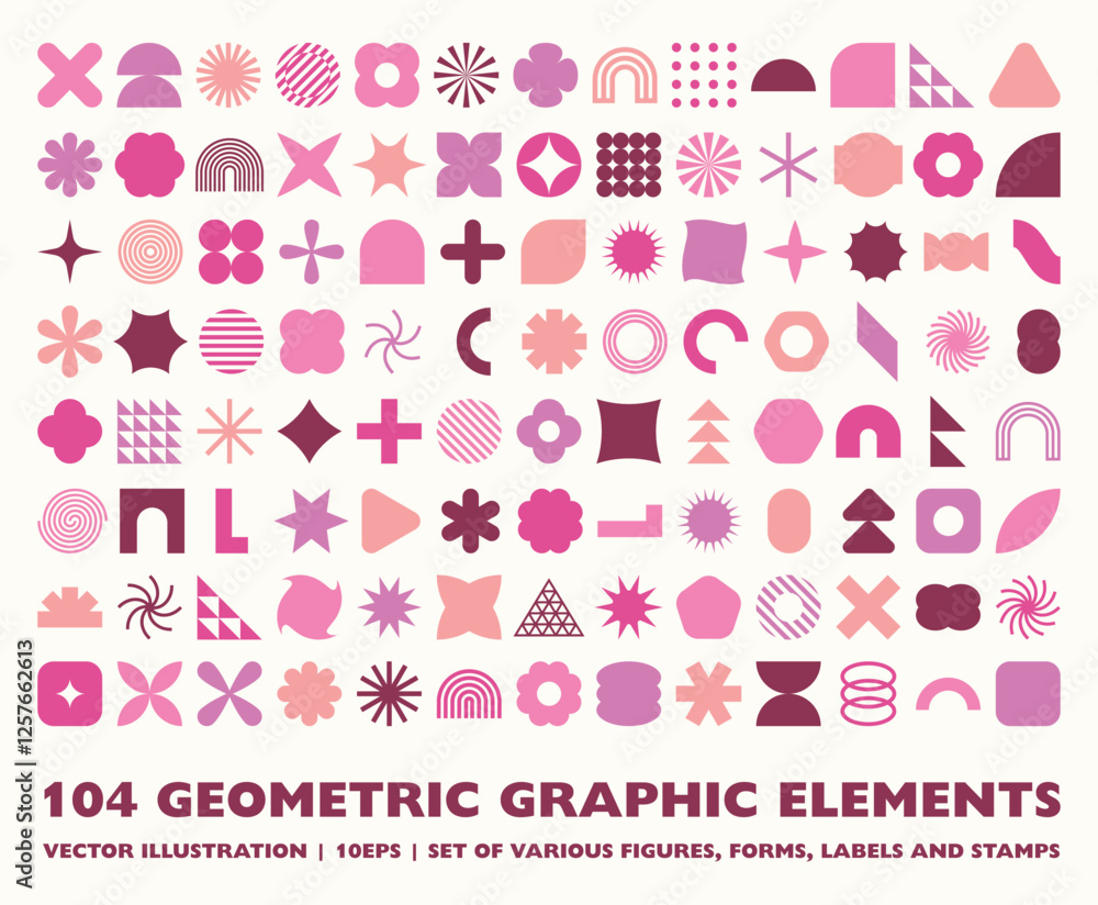 Set of 104 retro geometric shapes set. Brutalist style abstract elements. Vector illustration Set of 104 retro geometric shapes set. Brutalist style abstract elements. Vector illustration