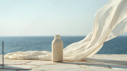 Beige bottle on stone with soft, white fabric blowing. Ocean backdrop. Minimalist product shot. Serene.