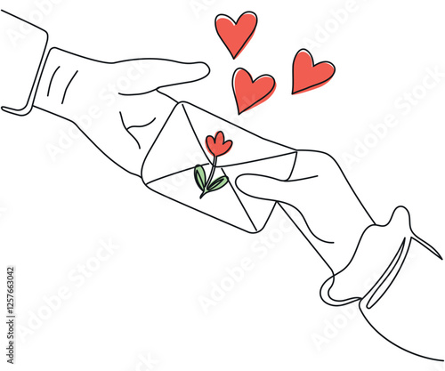 Man gives love letter to woman's hands with continuous line Vector illustration for Valentine's Day