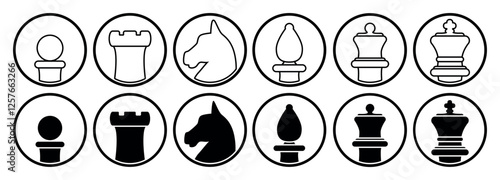 Chess piece, set of black and white vector silhouette illustration of chess pieces shape in circle pawn rook knight bishop queen king