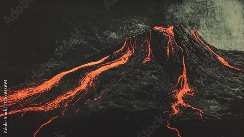 Erupting volcano with glowing lava flows at night.