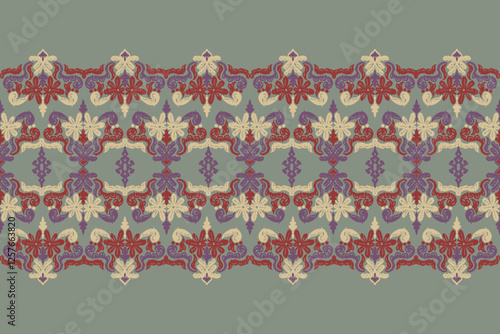 Carpet ikat floral pattern,fabric pattern on navy blue background vector illustration.Ikat ethnic oriental embroidery.Aztec style,abstract background.design for texture,clothing,decoration,carpet,rug.