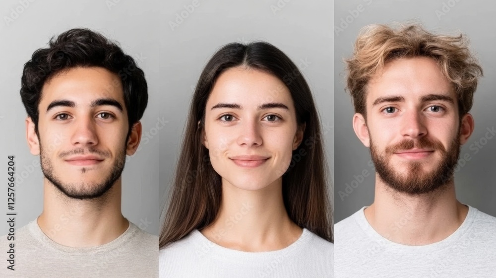 three people posing against a gray background three people posing against a gray background