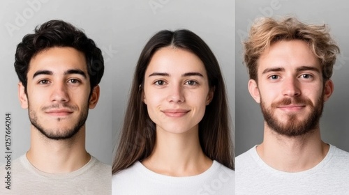 three people posing against a gray background