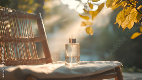 Wallpaper Mural Fragrance bottle on a woven chair in warm sunlight, evoking a sense of calm and natural beauty. Torontodigital.ca