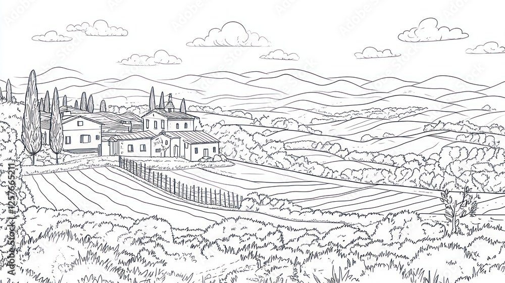 Tuscan countryside villa, rolling hills, farmlands, sunny day, travel poster Tuscan countryside villa, rolling hills, farmlands, sunny day, travel poster