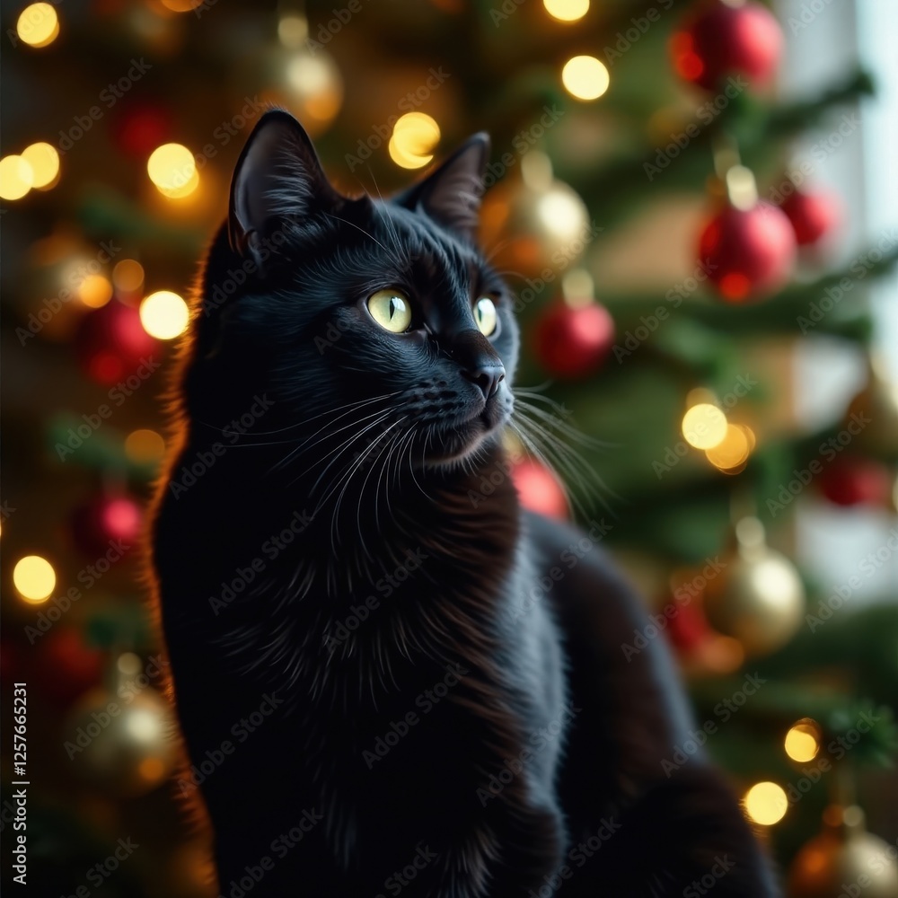 Black cat among Christmas tree ornaments, twinkling lights, glitter, branches, lights Black cat among Christmas tree ornaments, twinkling lights, glitter, branches, lights