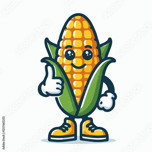 Corn Mascot Thumbs Up: A cheerful, anthropomorphic corn cob mascot with a friendly smile and big eyes gives a thumbs up, embodying the positive energy and wholesomeness of this healthy food.