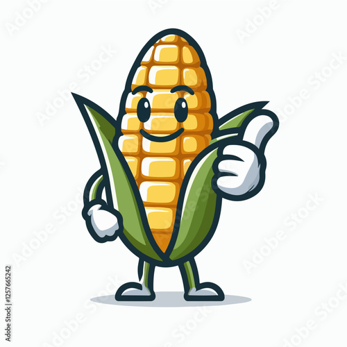 Corn Mascot Thumbs Up: A cheerful cartoon corn mascot with a toothy grin and a thumbs up gesture, radiating positive vibes and embodying wholesome goodness.