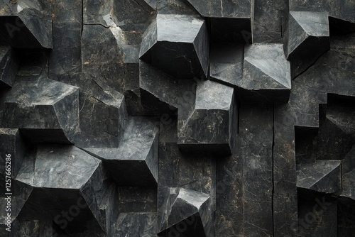 Abstract arrangement of dark geometric shapes resembling rocky formations