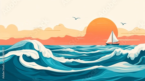 A stylized illustration of a sailboat on wavy seas under a sunset sky with flying birds photo