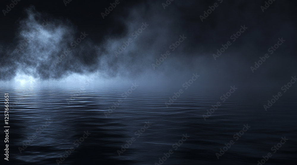 Fototapeta premium A dark ocean with fog and storm clouds in the background. The scene is dark, with deep blue tones, creating an atmosphere of mystery or desolation. In front, there is calm water, reflecting light from