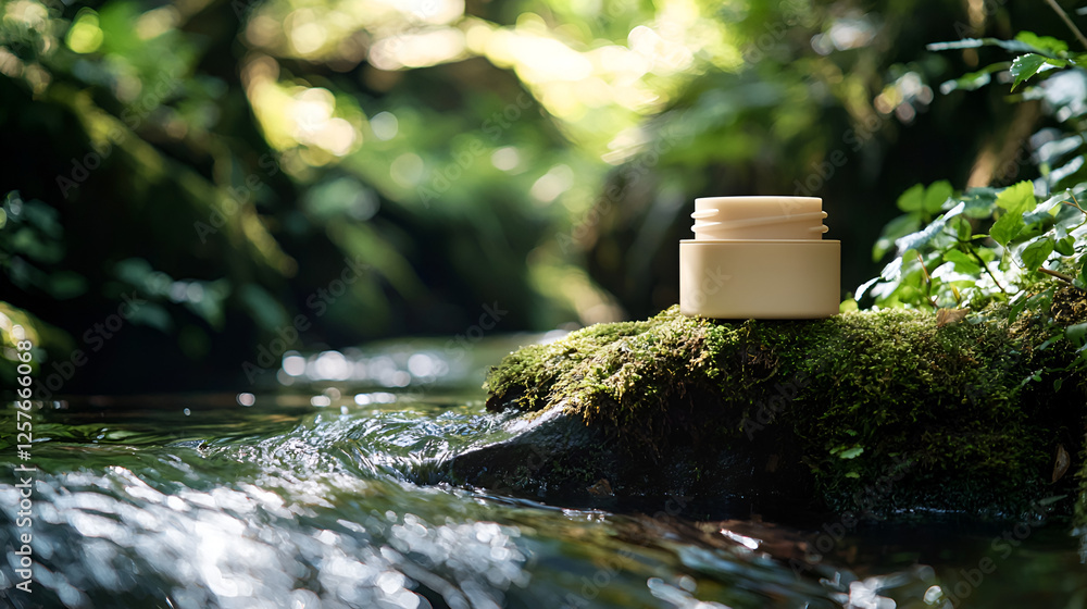 Natural beauty product resting on mossy rock next to flowing stream in lush green environment. Natural beauty product resting on mossy rock next to flowing stream in lush green environment.