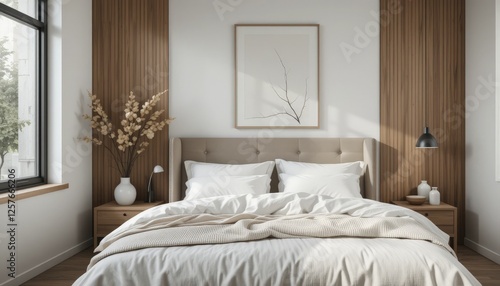 Wallpaper Mural Clean, minimalist bedroom interior featuring a large bed, wooden headboard, and side tables. Useful for furniture stores, interior design blogs, or home decor inspiration. Torontodigital.ca