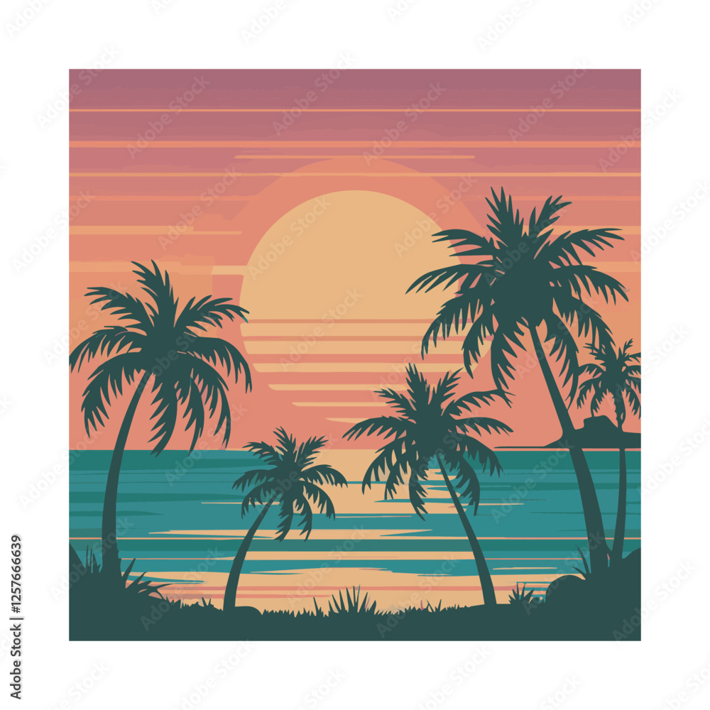 Obraz premium Tropical Sunset Beach Scene Silhouettes 