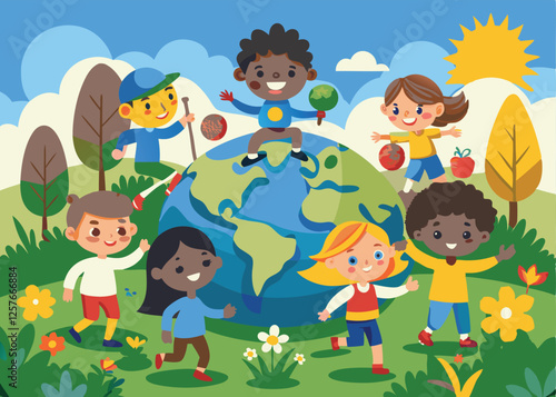 Happy Earth Day: Diverse Kids Playing Outdoors, Eco Fun! park green grass trees 