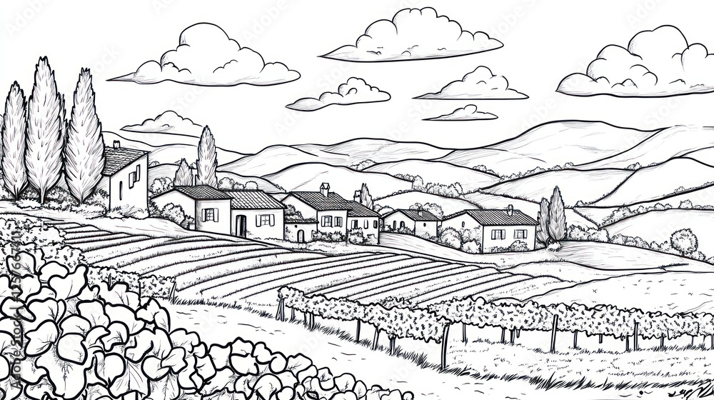 Fototapeta premium Tuscan hillside village, vineyards, rolling hills, sunny day, idyllic landscape, travel poster