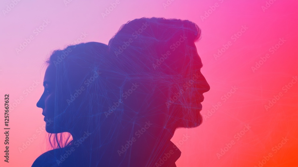 Silhouette of a man and woman with abstract network overlay Silhouette of a man and woman with abstract network overlay