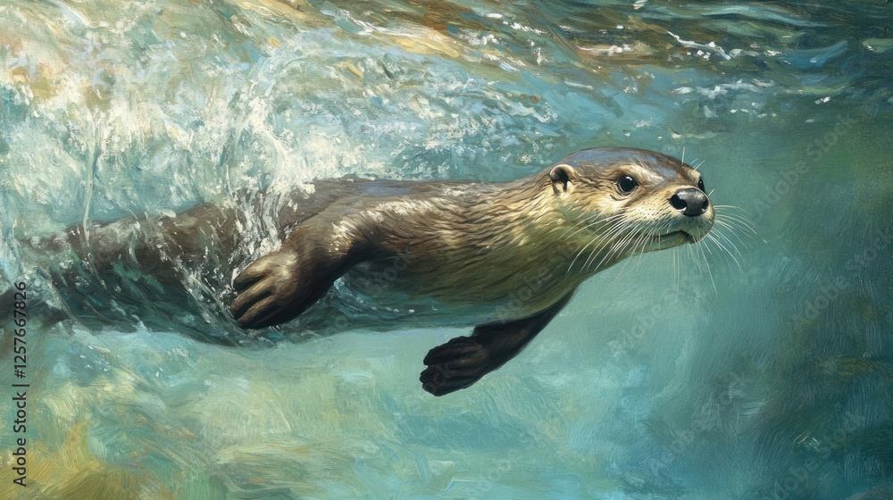 Obraz premium Otter swimming underwater, sleek body, paws extended, clear water.