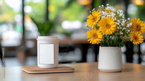 Yellow And White Flowers In Vase Beside Empty Coffee Cup On Wooden Table In Cafe
