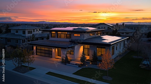 Modern Solar Powered Home at Sunset Landscape