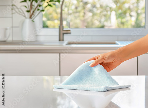 Hand wiping a clean kitchen countertop with a microfiber cloth in a bright modern home interior, with a window view of greenery in the background, symbolizing cleanliness, hygiene, and home care photo