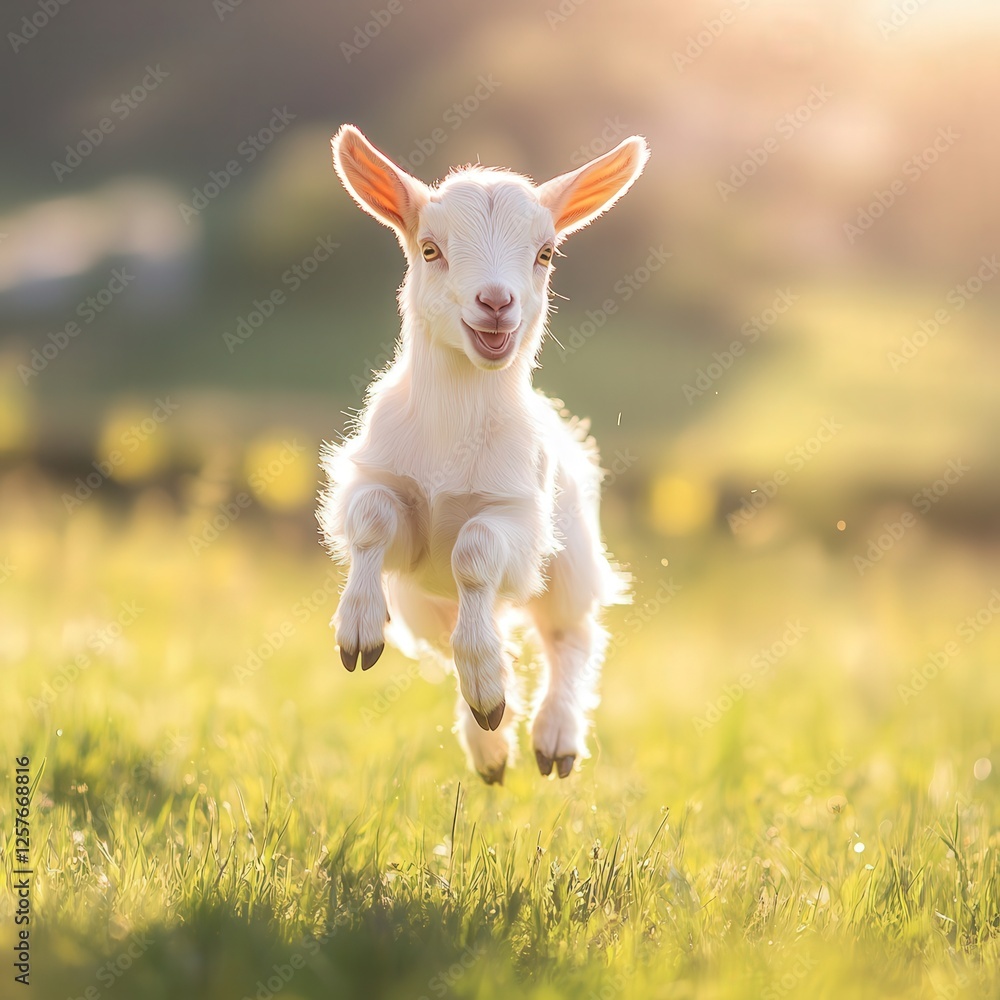 baby goat jumping joyfully through a vibrant green field, the sunlight casting a warm glow over its playful antics amidst the open natural landscape baby goat jumping joyfully through a vibrant green field, the sunlight casting a warm glow over its playful antics amidst the open natural landscape