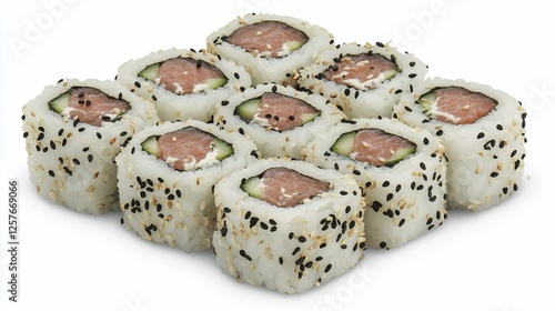 Square Sushi Rolls, Fresh Salmon, Cucumber, Sesame Topping, Isolated, Restaurant Presentation photo