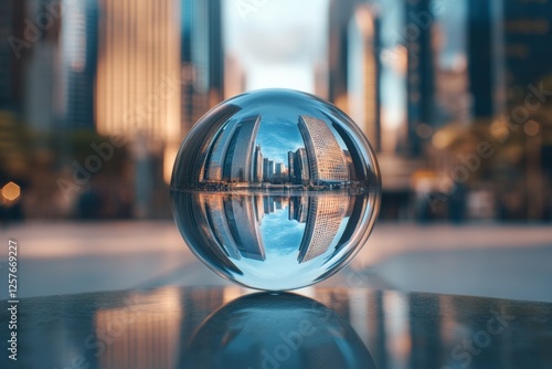 Crystal ball reveals bright financial future in urban landscape. Generative AI