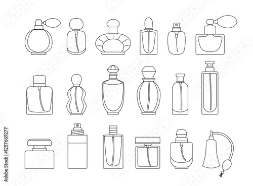 Linear perfume bottles big clipart. Blank silhouettes. Fragrance, essence, toiletry flask. Women's perfume with different scents. Line art. Editable stroke. Sign, logo, symbol. Vector. Coloring book.