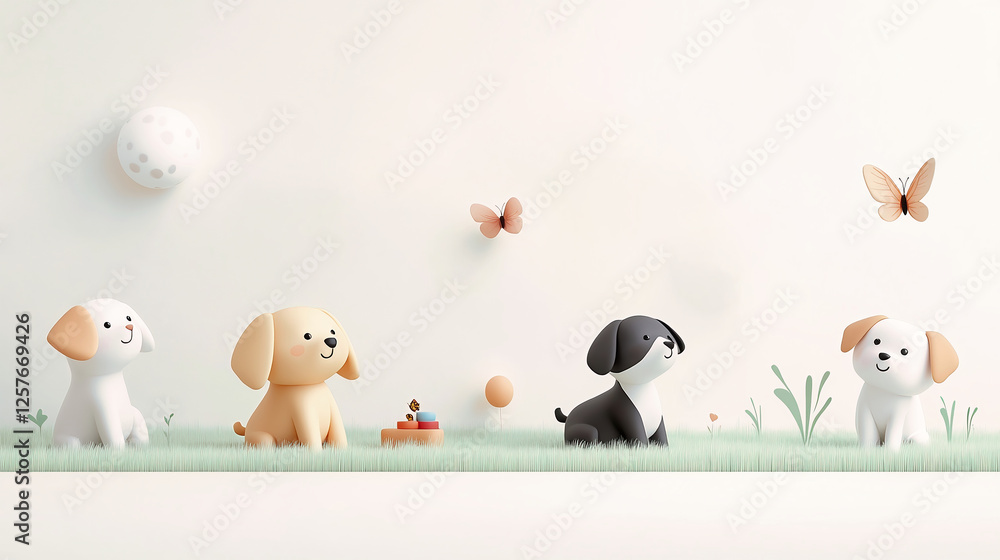 Illustration of puppies playing in nature with butterflies Illustration of puppies playing in nature with butterflies