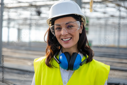 Photos Smiling caucasian young female engineer in protective glasses