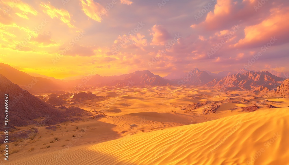 Naklejka premium A sprawling desert landscape with golden sand dunes and a vibrant sunset sky