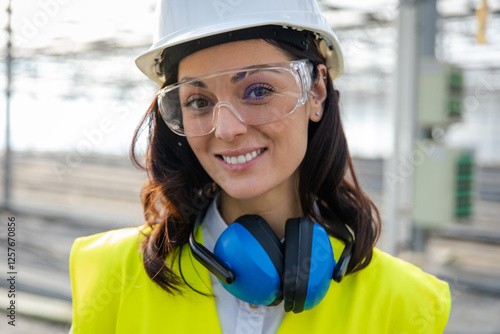 Smiling caucasian young female engineer in protective glasses