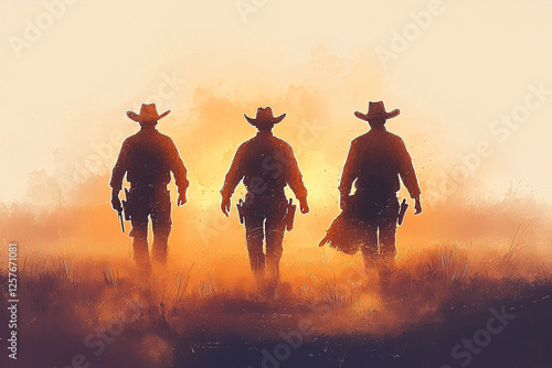 Silhouetted cowboys walk through a golden field, bathed in the warm light of the setting sun.