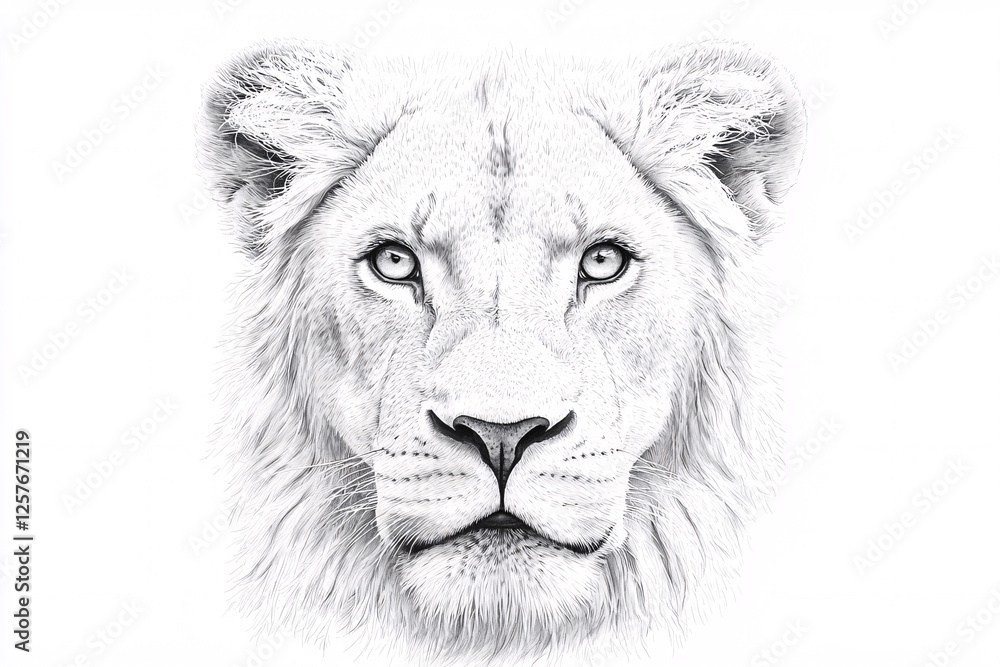 Obraz premium Detailed monochrome drawing of a lion's face, showcasing its fur texture and intense gaze, against a stark white background.