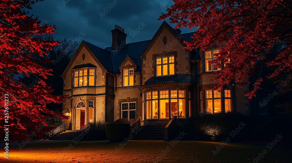 Illuminated mansion at dusk with red foliage Illuminated mansion at dusk with red foliage