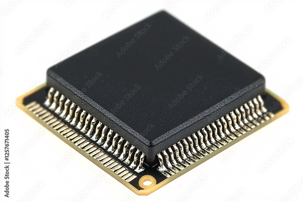 Close-up of a square, black integrated circuit chip with numerous metallic pins, isolated against a white background. Close-up of a square, black integrated circuit chip with numerous metallic pins, isolated against a white background.