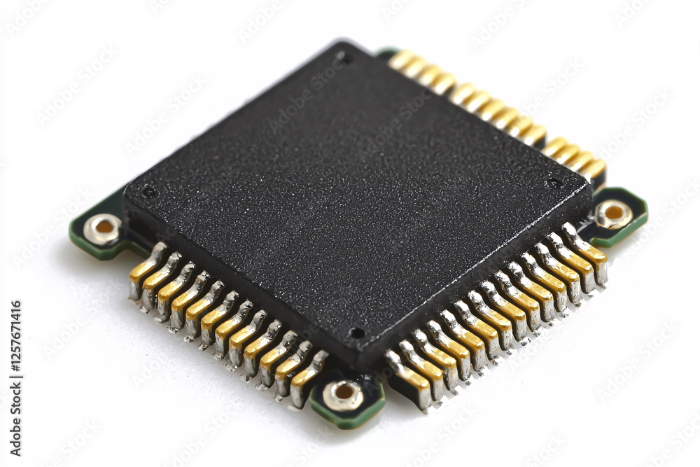 Close-up of a black, square microchip with gold and silver pins on a green circuit board. Close-up of a black, square microchip with gold and silver pins on a green circuit board.