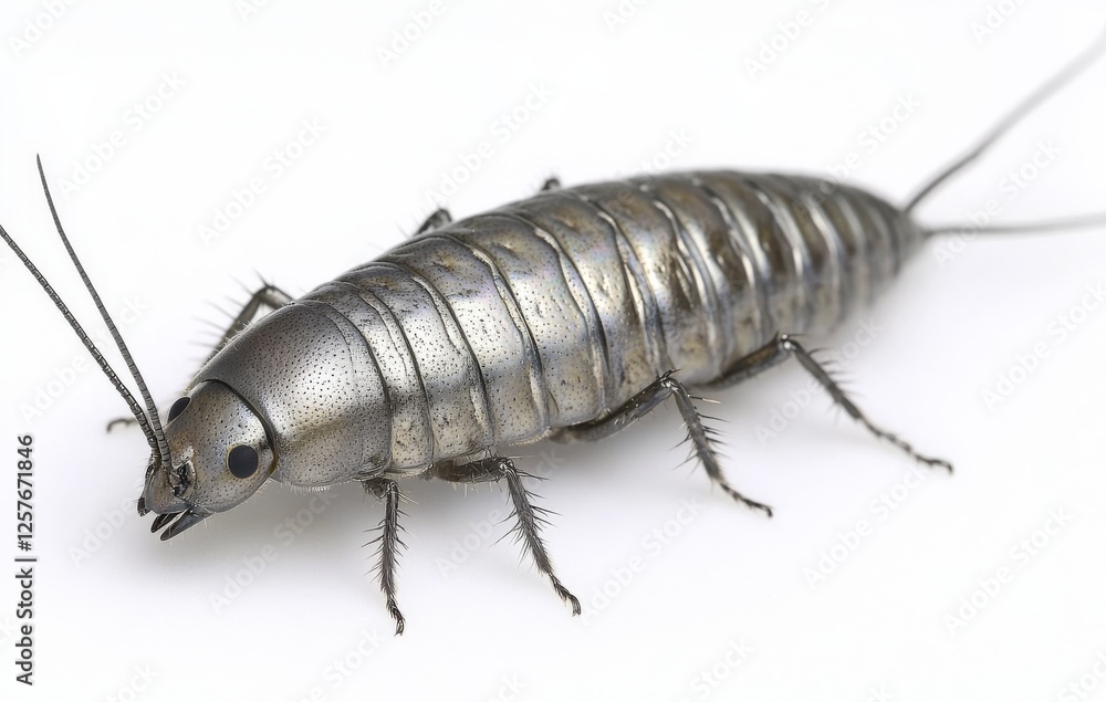 Ein Makro von einem Silberfischchen auf einem Fliesenfussboden Ein Makro von einem Silberfischchen auf einem Fliesenfussboden